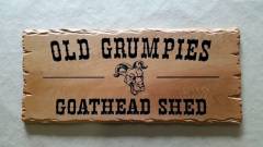 Shed sign - rustic timber Old Grumpies with goat head pic engraved